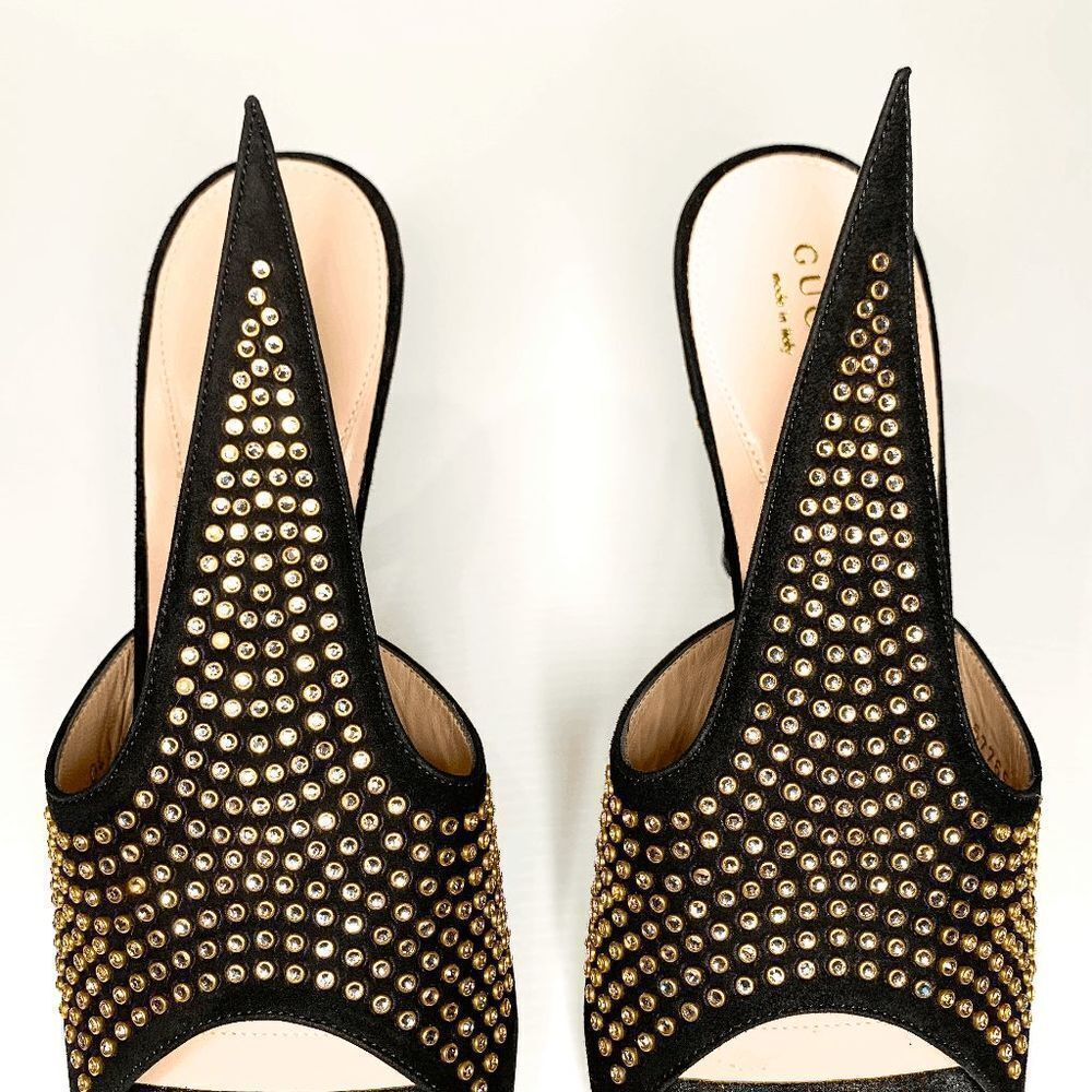 Gucci Fedra Crystal Embellished High Heel Mules EU 39.5 US 9.5 Black Suede Pumps - Picture 4 of 11
